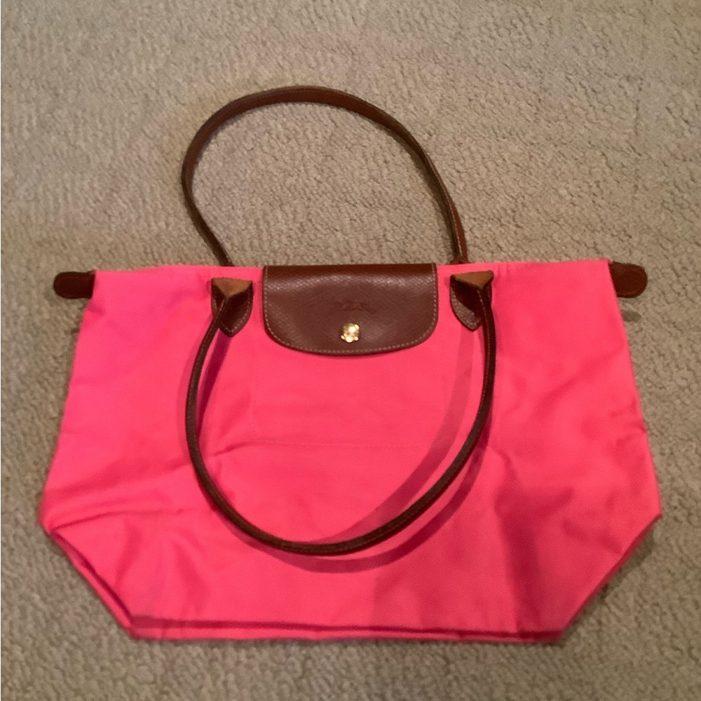 Longchamp Pink Le Pliage Medium Tote with Brown Leather Handles - Picture 9 of 15